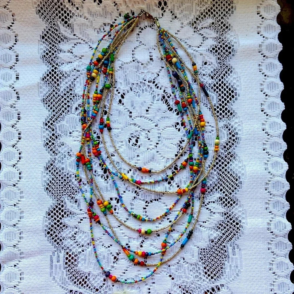 Multicolored, multi-lengths, beaded necklace, longest necklace APPROXIMATELY 28”